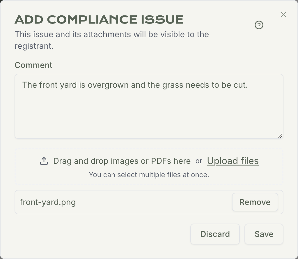Add Compliance Issue dialog with a description and a photo attached