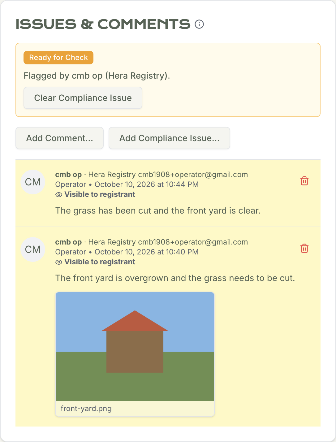 The issue after it is reported resolved, labeled Ready for Check, with Clear Compliance Issue